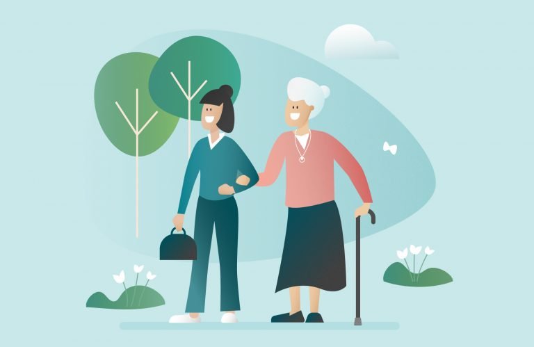 illustration aide à domicile avec femme âgée fond bleu